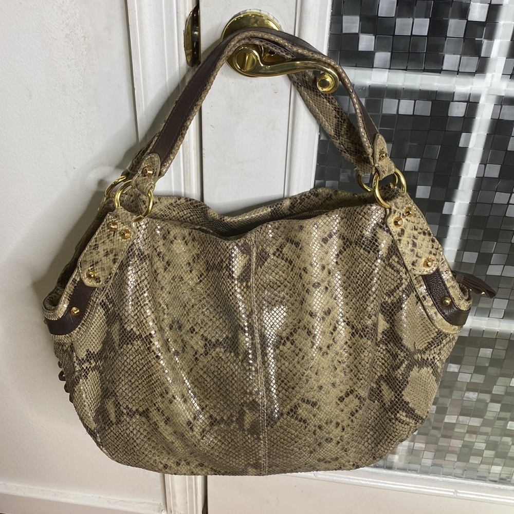 ๐ Cynthia Rowley brown creme x large snakeskin leather satchel bag ๐ - Picture 4 of 14
